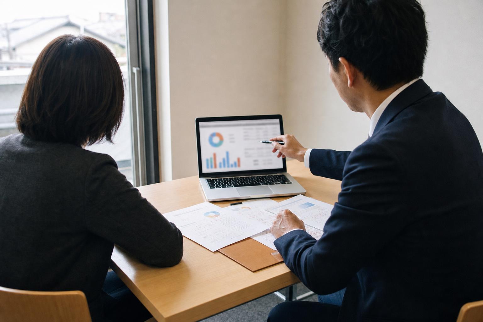 会議室でノートPCのグラフを指しながら、資料を挟んで打ち合わせをする2人の後ろ姿